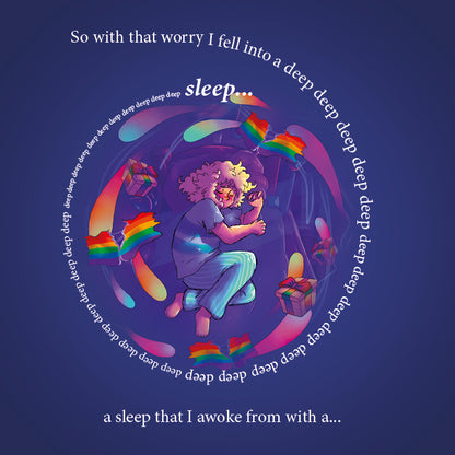 Inside page: the boy curls up inside a swirl of rainbow flags as he drifts into a deep sleep