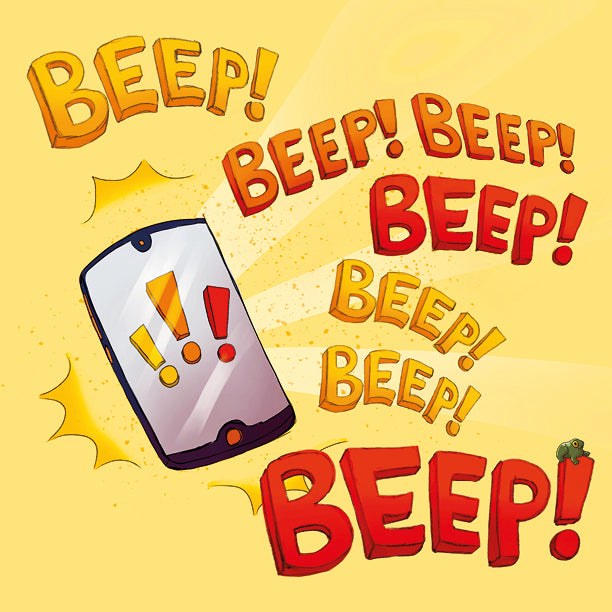 Inside page: a phone alarm rings, surrounded by big bright BEEP! lettering