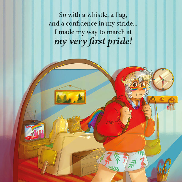Inside page: the boy heads out of the door in a red hoodie with a flag and whistle, ready for his first Pride