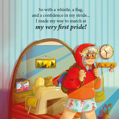 Inside page: the boy heads out of the door in a red hoodie with a flag and whistle, ready for his first Pride