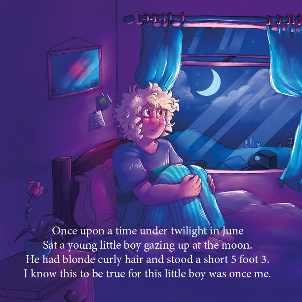 Inside page: a young boy with curly blonde hair sits on his bed at night, gazing at the moon