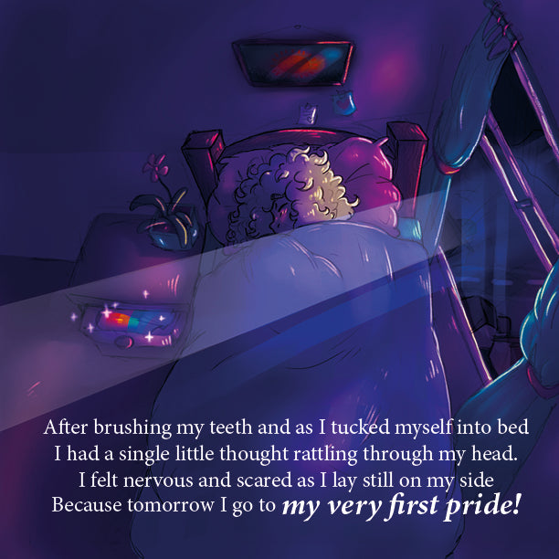 Inside page: the boy lies in bed in the dark, nervous about his very first Pride tomorrow