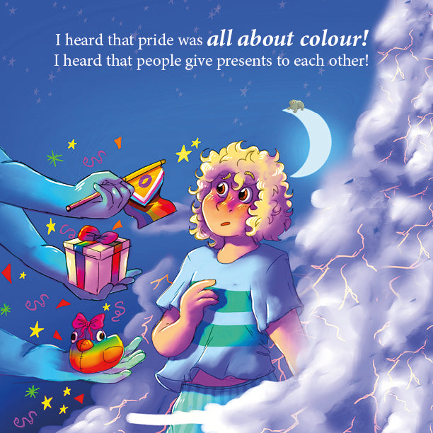 Inside page: the boy looks unsure as hands offer him a present and treats, wondering what Pride is about
