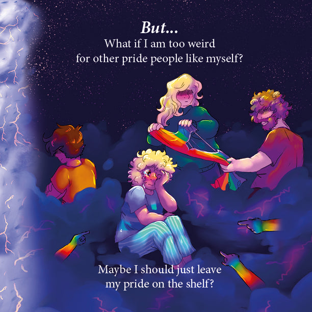 Inside page: the boy sits hunched in a storm cloud, worried he is too weird for Pride