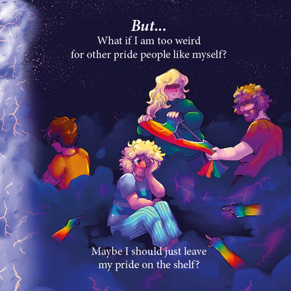 Inside page: the boy sits hunched in a storm cloud, worried he is too weird for Pride